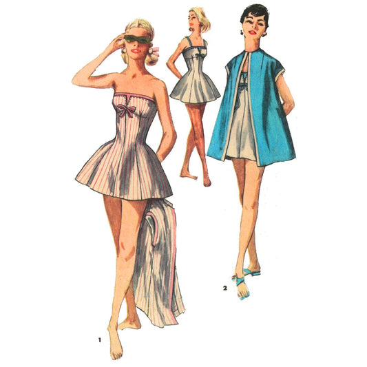 A vintage illustration featuring three women in retro swimwear. The first woman is in a strapless, striped swimsuit with a bow. The second woman wears a white swimsuit with blue straps. The third woman is in a white swimsuit with a blue jacket.