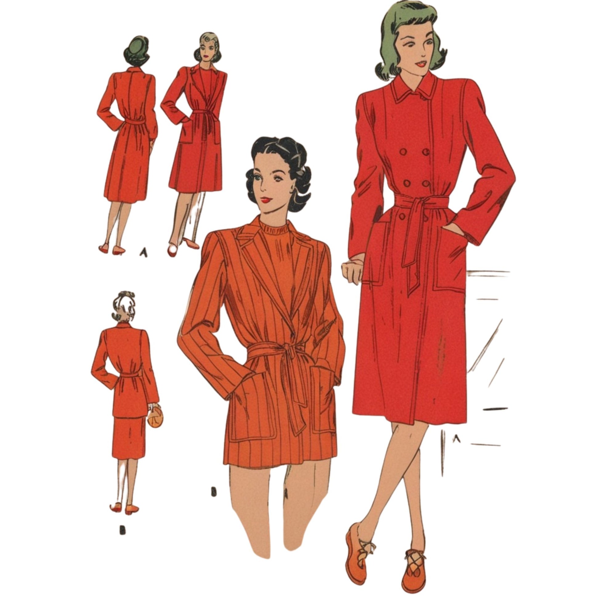 Vintage sewing pattern illustration of a red dress with multiple views and a model wearing it.
