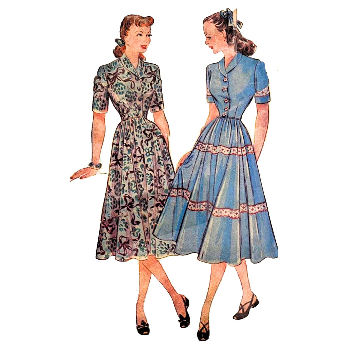 Two women wearing vintage style dresses. The woman on the left is wearing a floral print dress with a white background. The woman on the right is wearing a light blue dress with white trim.