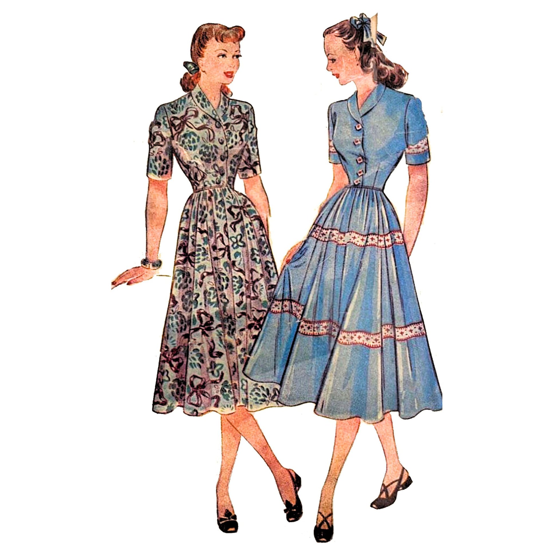 Two women wearing vintage style dresses. The woman on the left is wearing a floral print dress with a white background. The woman on the right is wearing a light blue dress with white trim.