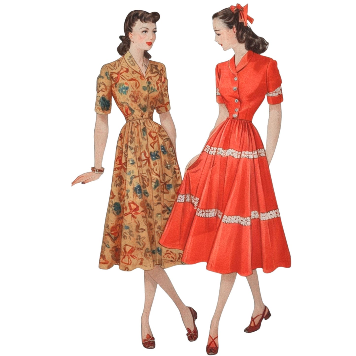 Two vintage-style dresses on mannequins against a white background