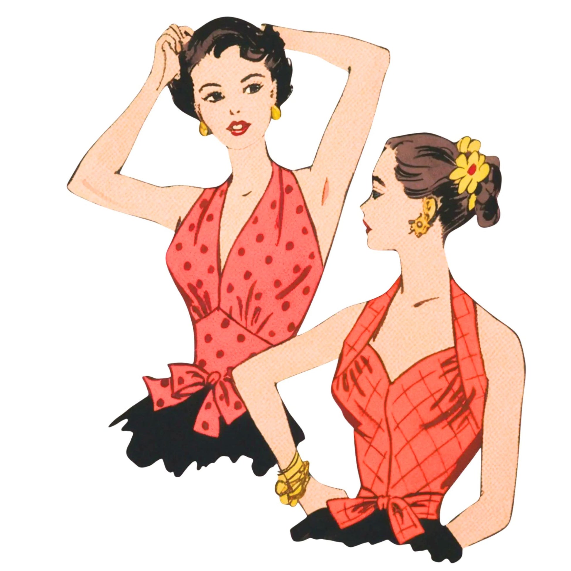 Two women in red dresses with black accents on a white background