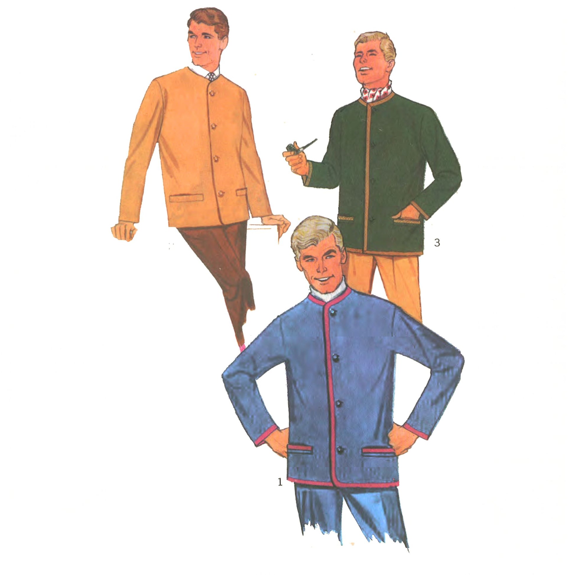 Three men wearing different colored pajama sets on a white background