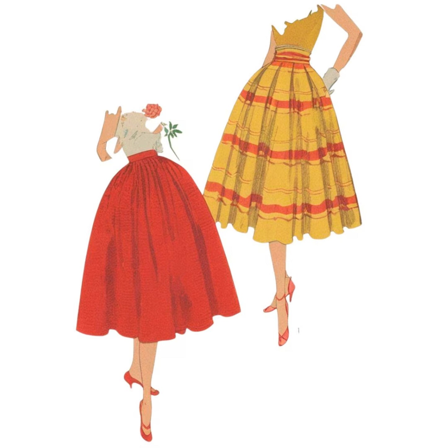Two vintage-style dresses, one red and one yellow with red plaid pattern, on a white background.