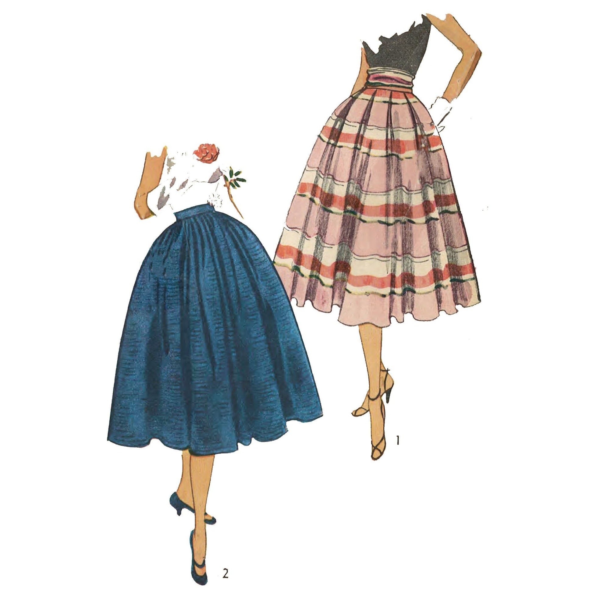 Two vintage-style skirts on mannequins against a white background