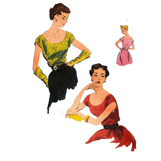 Women wearing a blouse in patterned fabric and plain print. Made from Vogue 7630 sewing pattern.