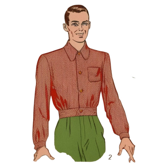 Illustration of a man wearing a red shirt and green pants on a white background