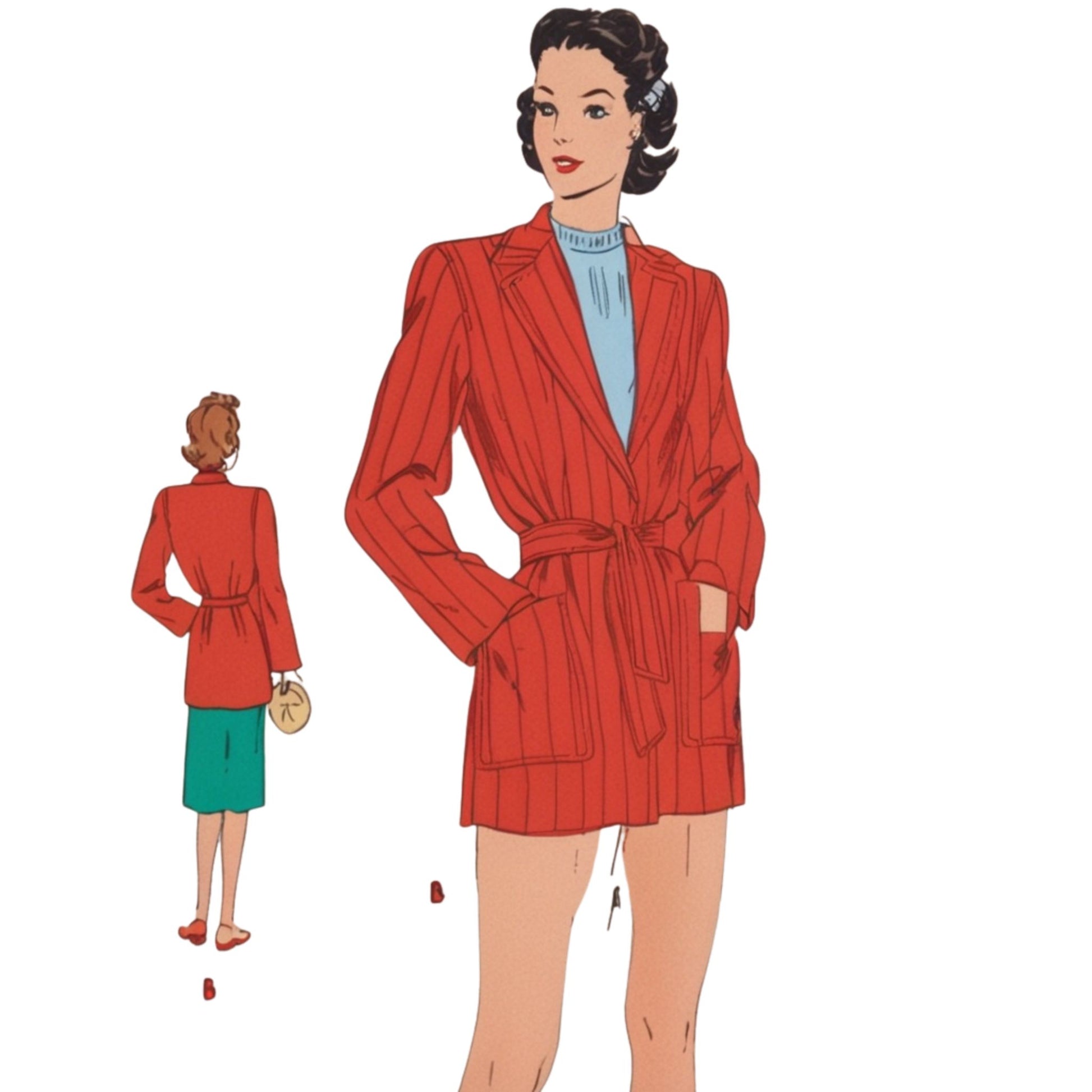 Illustration of a woman wearing a red jacket with a smaller inset of a woman in a similar outfit.
