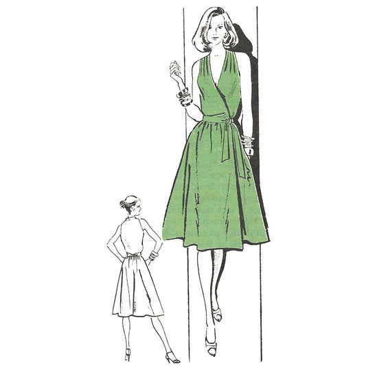 Green dress with black and white line art of a woman wearing it