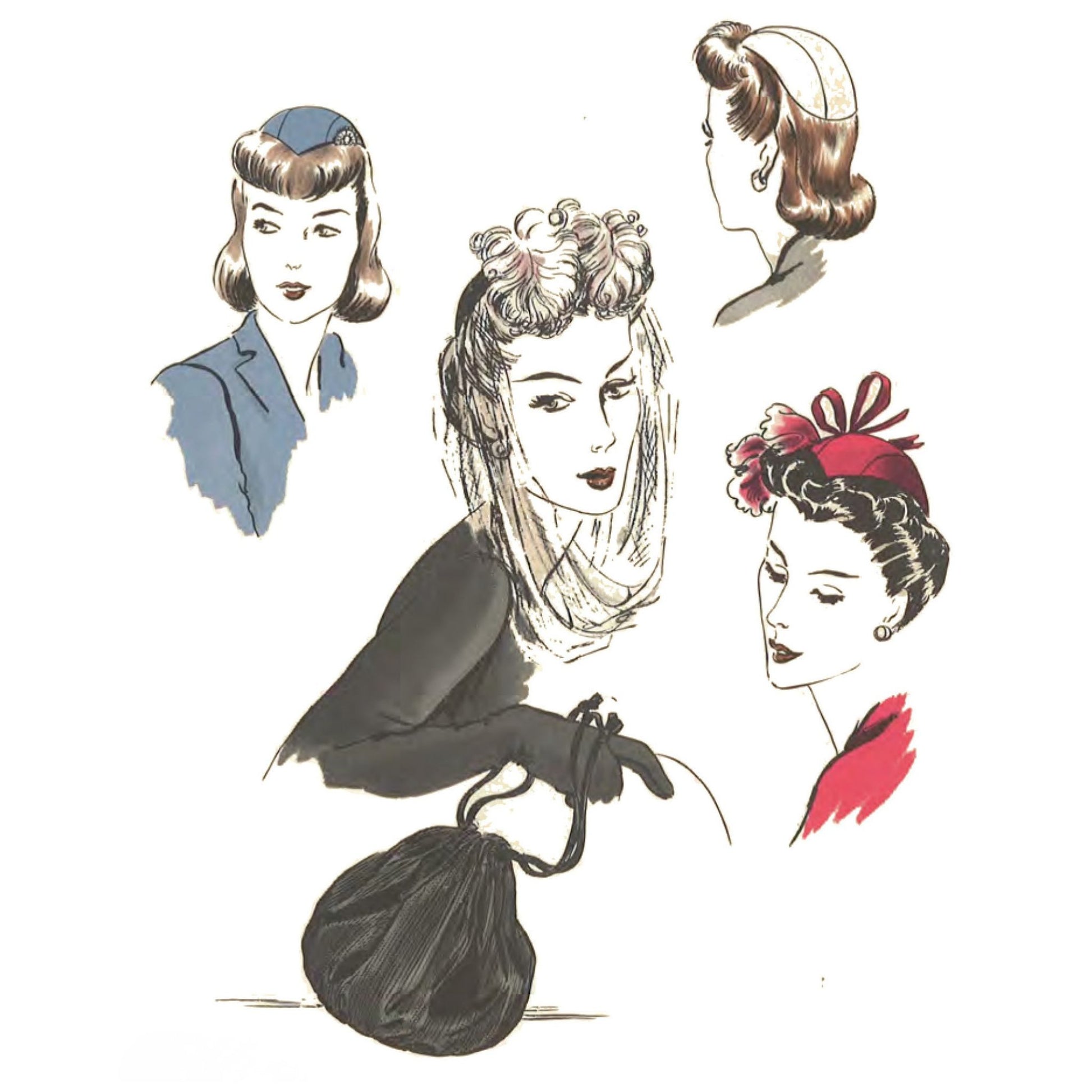 Illustrations of women with vintage hairstyles and clothing on a white background
