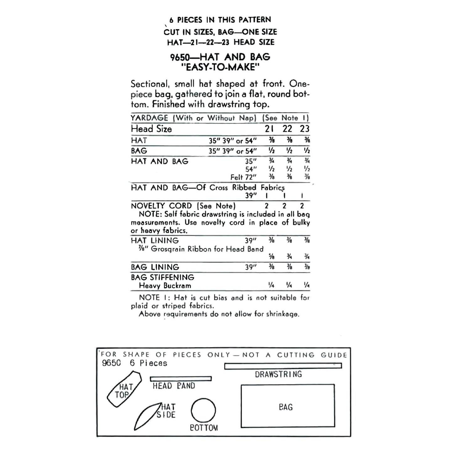 Textual pattern instructions for a hat and bag set on a white background