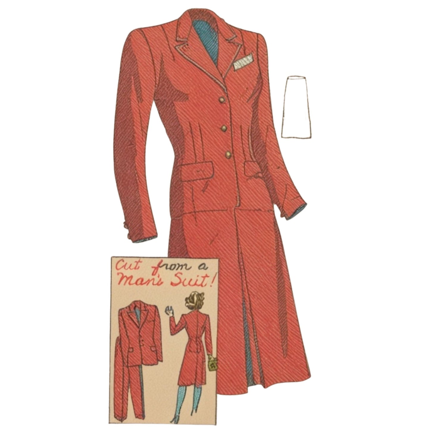 Vintage red suit pattern with a smaller illustration of a woman wearing the suit on a white background.