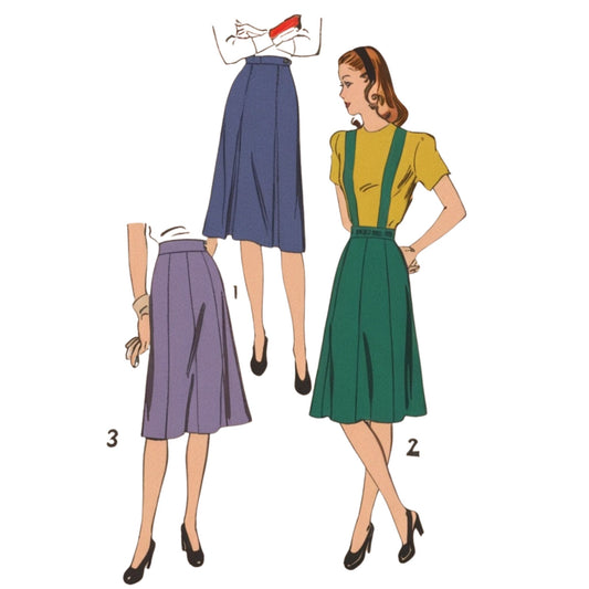 Illustration of a woman wearing a green skirt with suspenders and a yellow top, with two other skirts shown below.