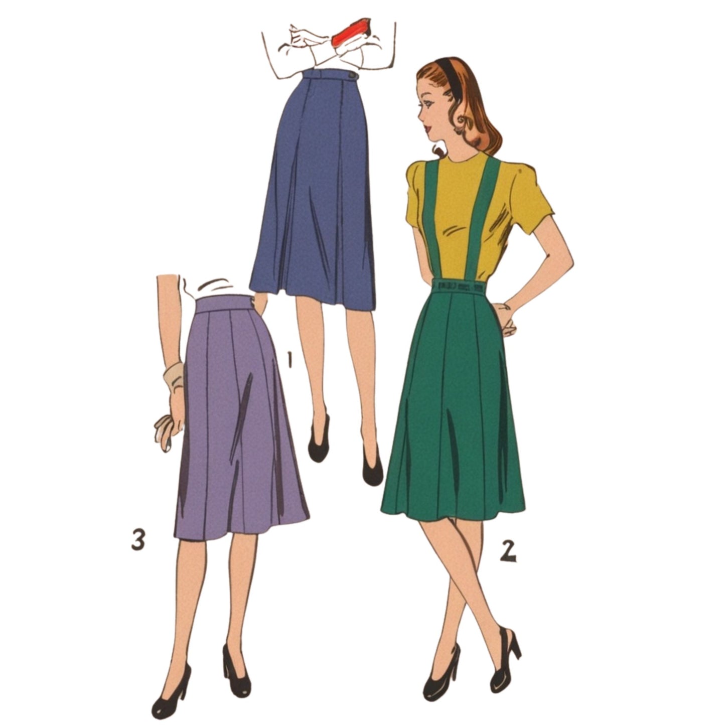 Illustration of a woman wearing a green skirt with suspenders and a yellow top, with two other skirts shown below.