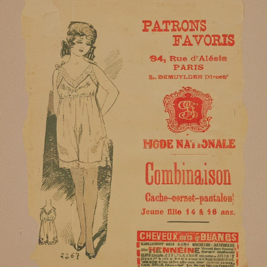 Vintage advertisement for a fashion outfit with text and a drawing of a woman in a dress.
