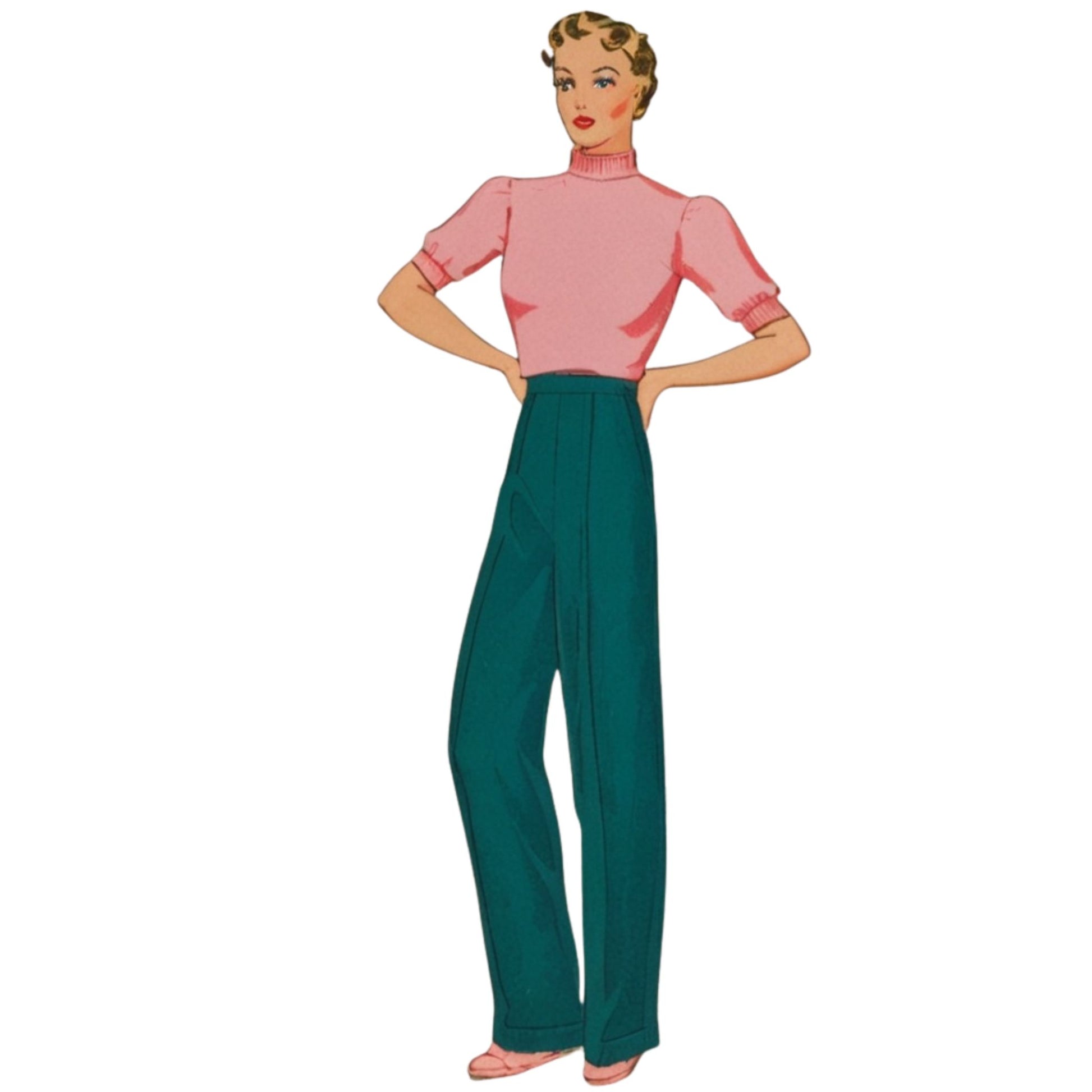 Illustration of a woman wearing a pink blouse and green pants on a white background