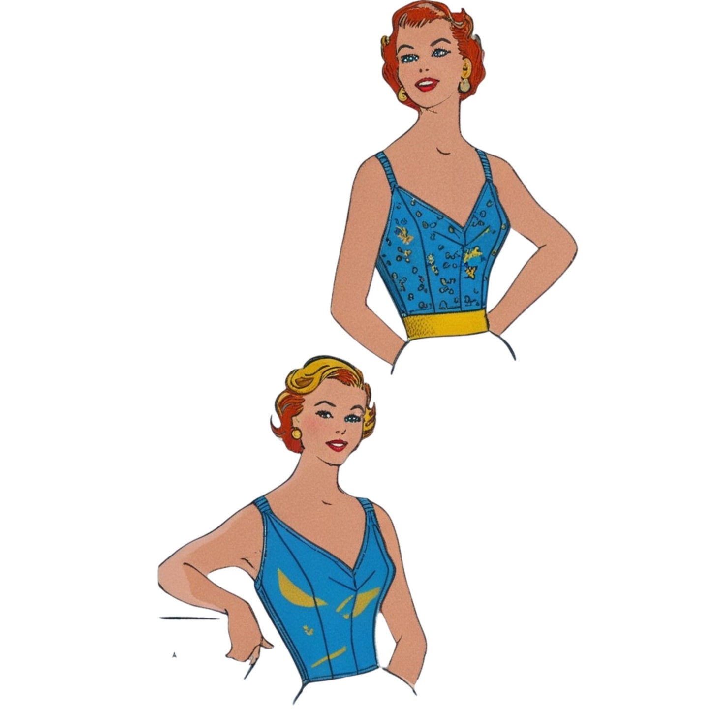 Two illustrations of a woman wearing blue swimsuits with yellow accents on a white background.
