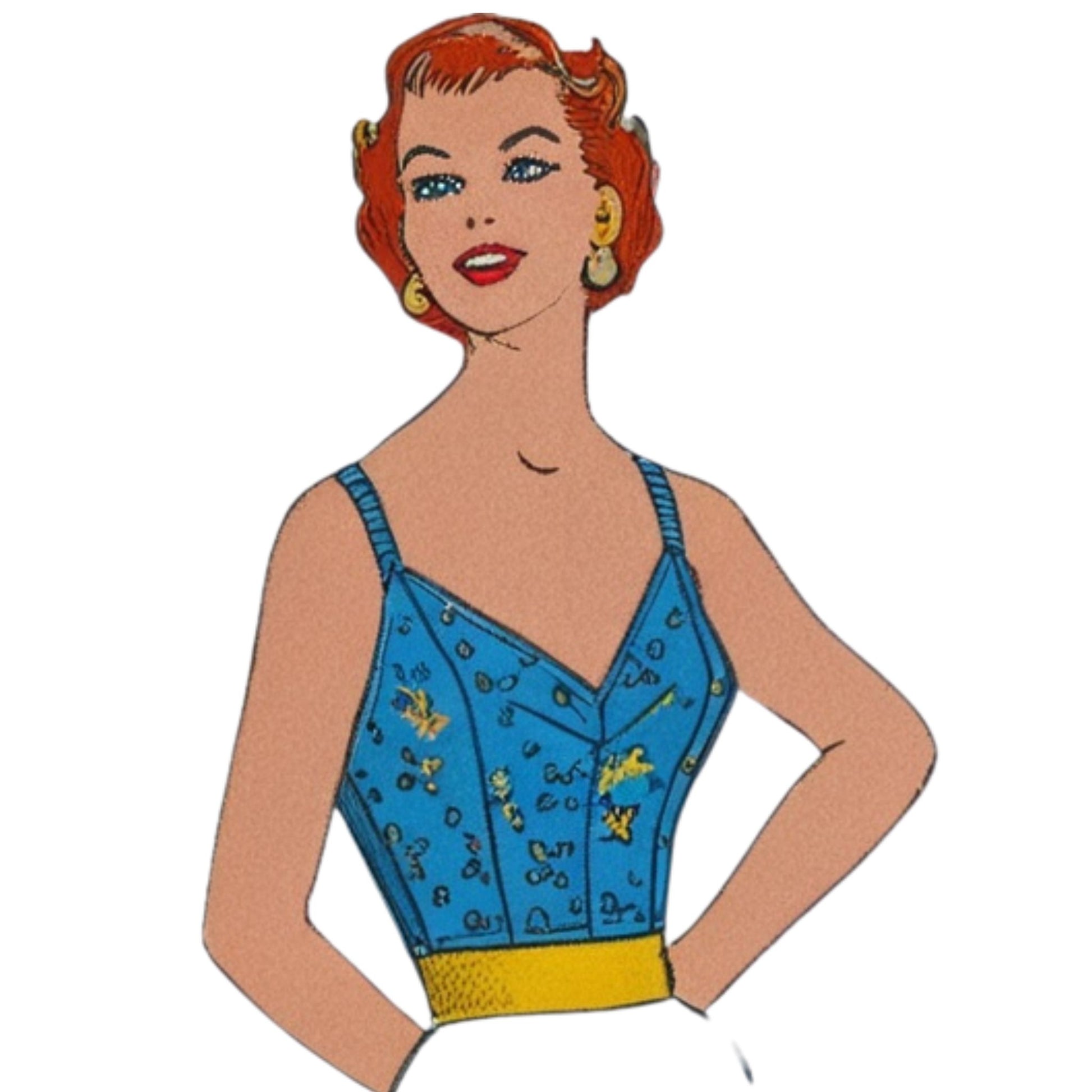 Cartoon-style illustration of a woman wearing a blue dress with yellow accents on a white background