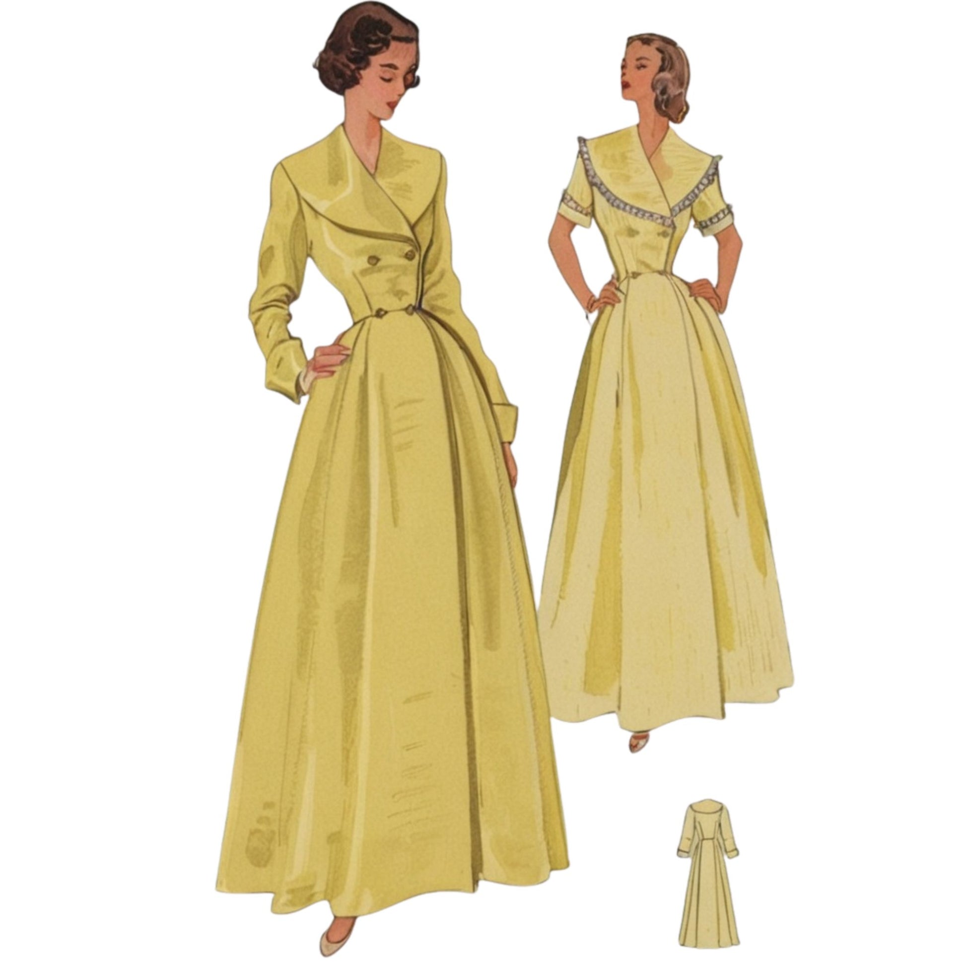 Two vintage-style yellow dresses on a white background