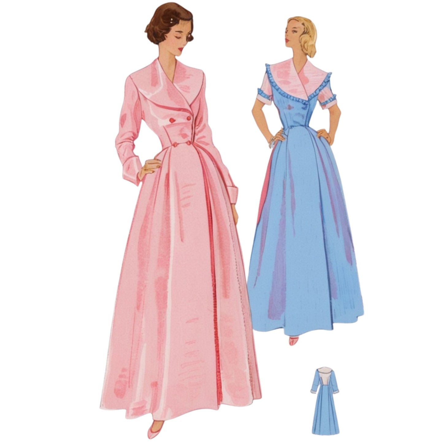 Two vintage-style dresses with a small inset of a dress pattern.