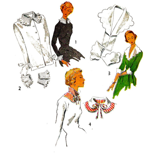Vintage illustration of women wearing different styles of collars with a white background.
