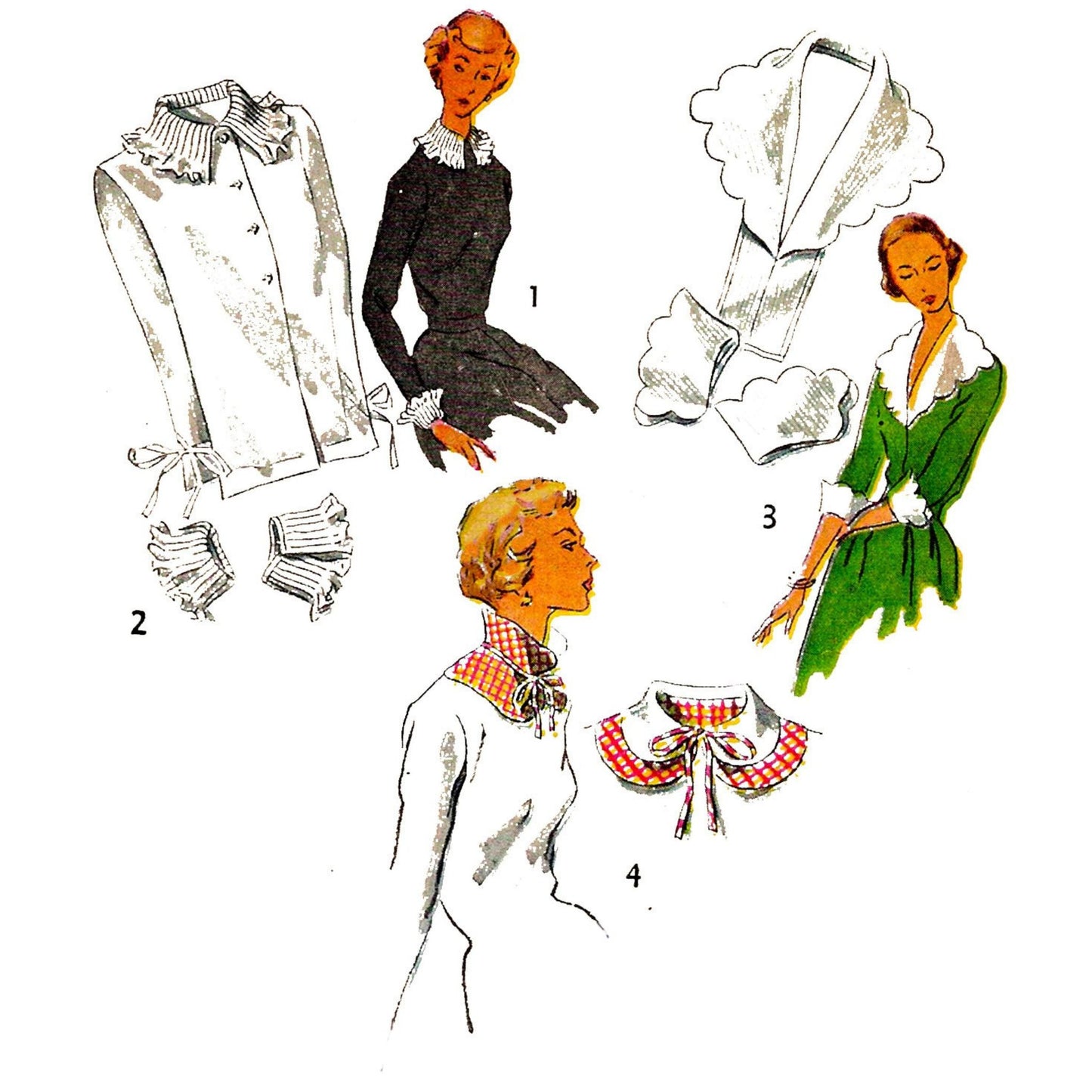 Vintage illustration of women wearing different styles of collars with a white background.