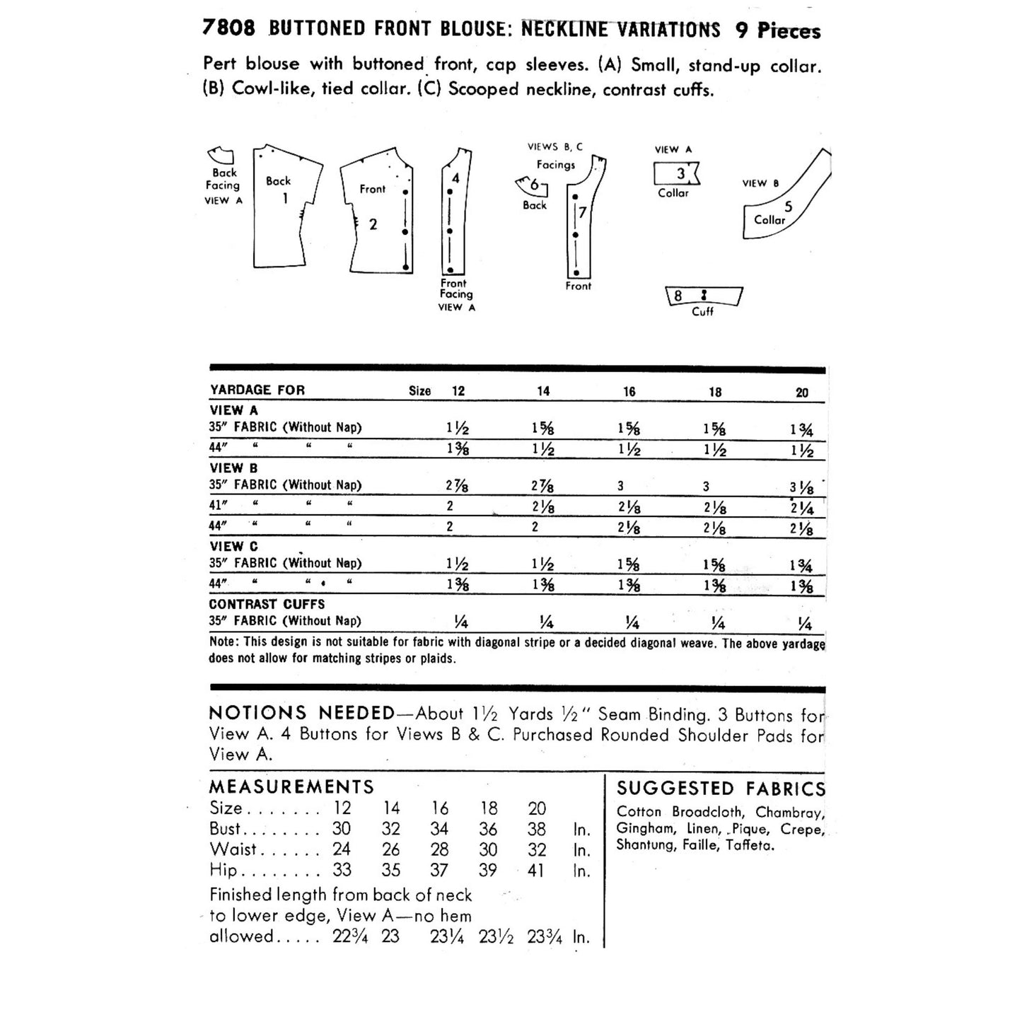 Modello vintage anni '50 - Camicetta con bottoni sul davanti, variazioni di scollo - Busto 34" (86,4 cm)