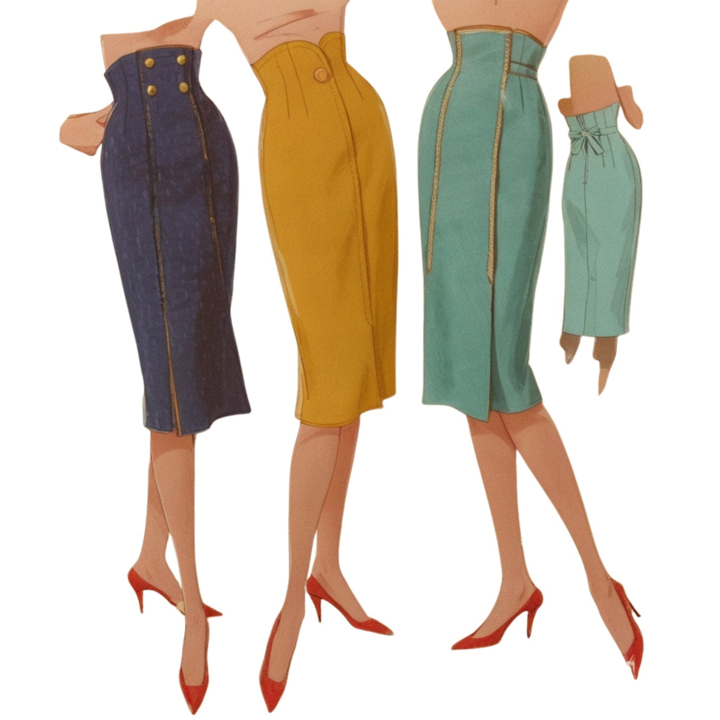 Four different colored skirts  with red shoes against a white background