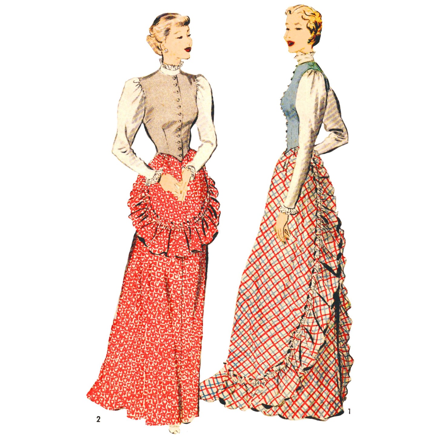 Vintage sewing pattern featuring two women's dresses.  The dresses have long skirts with ruffled details and fitted bodices. One dress is in a red and white geometric print, the other in a red floral print. Both have puffed sleeves and high necklines.  The pattern includes instructions and is numbered '1'.