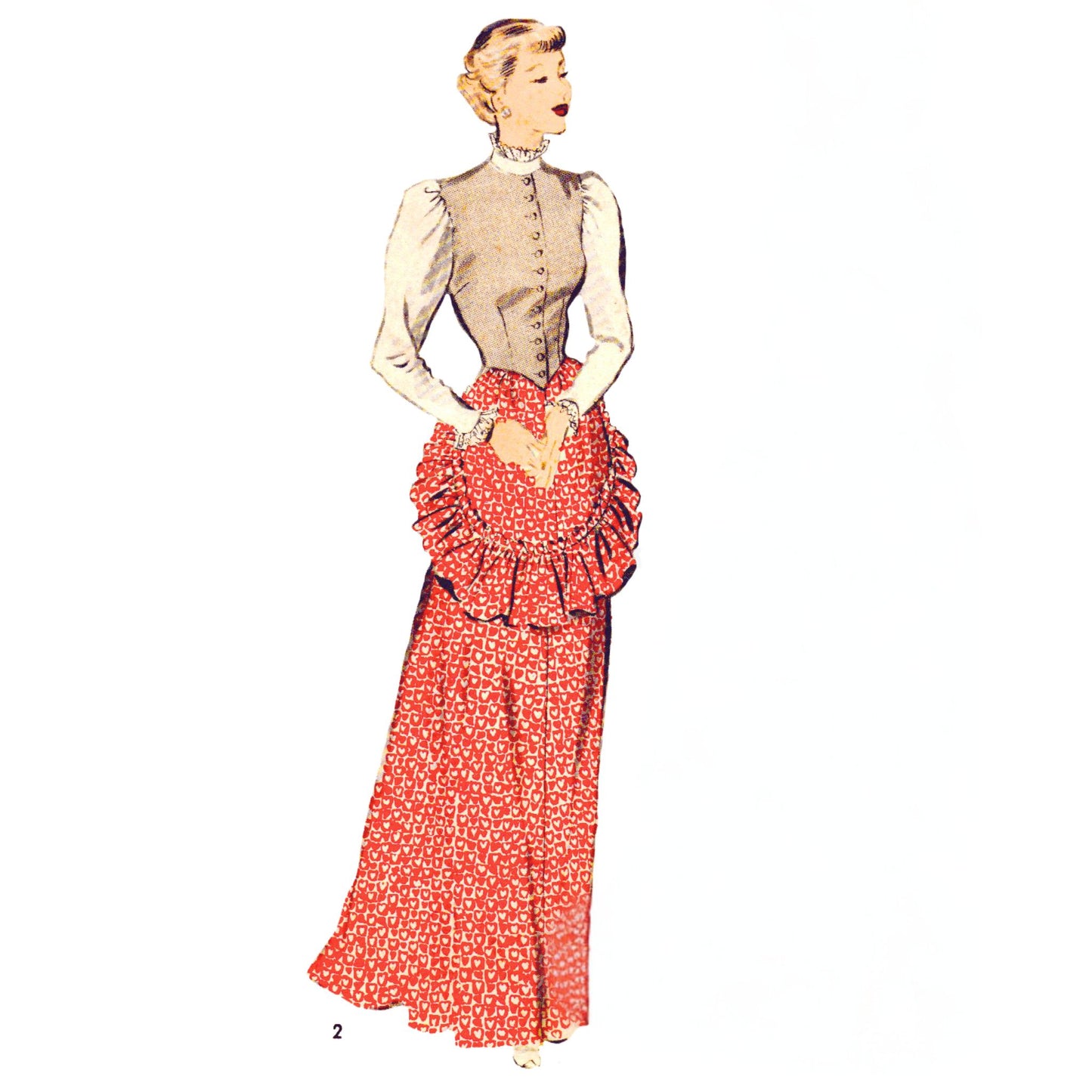 Vintage sewing pattern featuring two women's dresses.  The dresses have long skirts with ruffled details and fitted bodices. One dress is in a red and white geometric print, the other in a red floral print. Both have puffed sleeves and high necklines.  The pattern includes instructions and is numbered '1'.