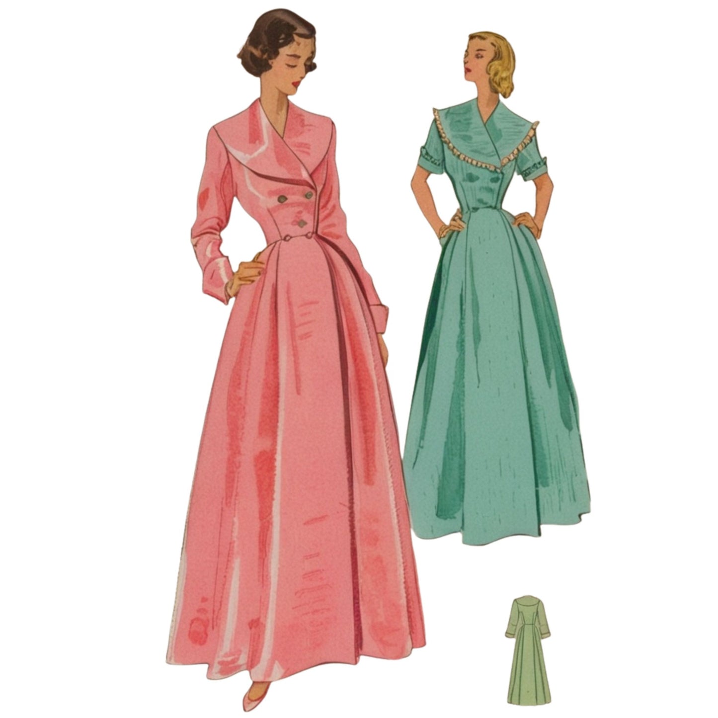 Two vintage-style dresses in pink and green on a white background
