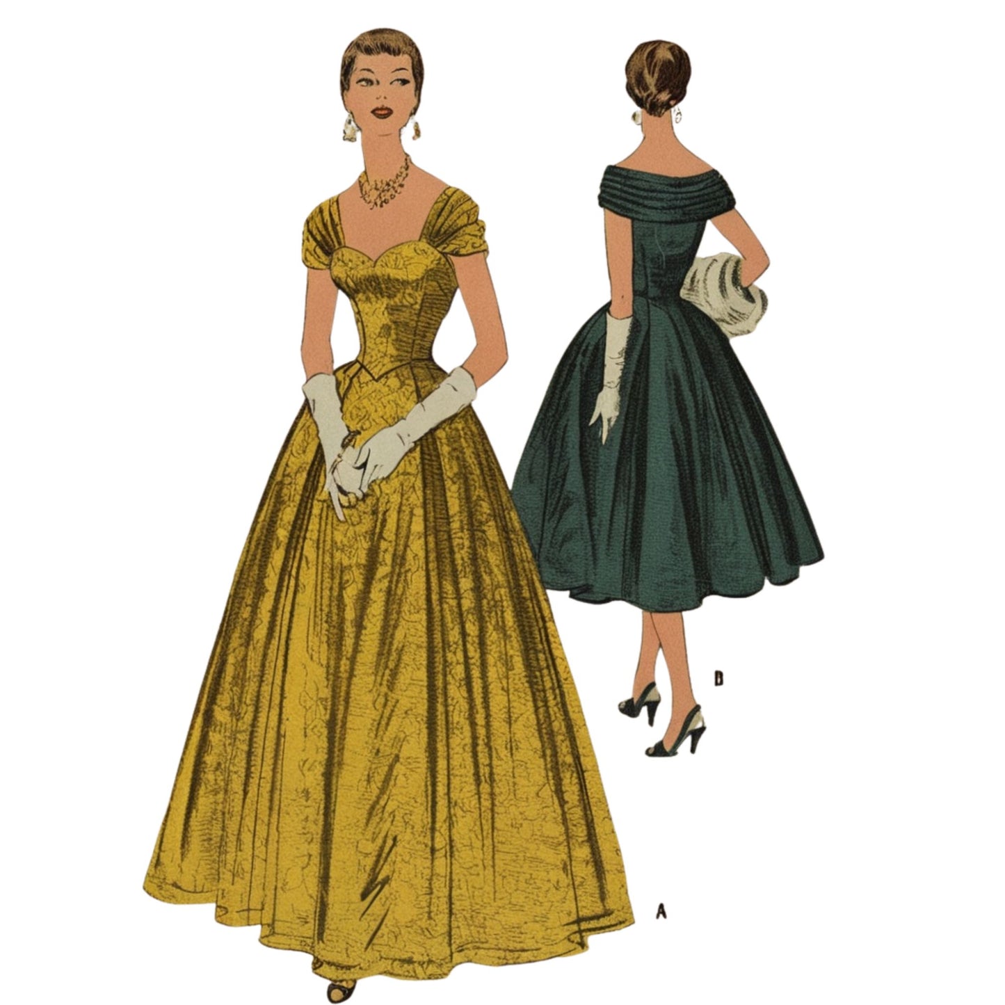 Illustration of two vintage evening gowns, one yellow and one green, on a white background.