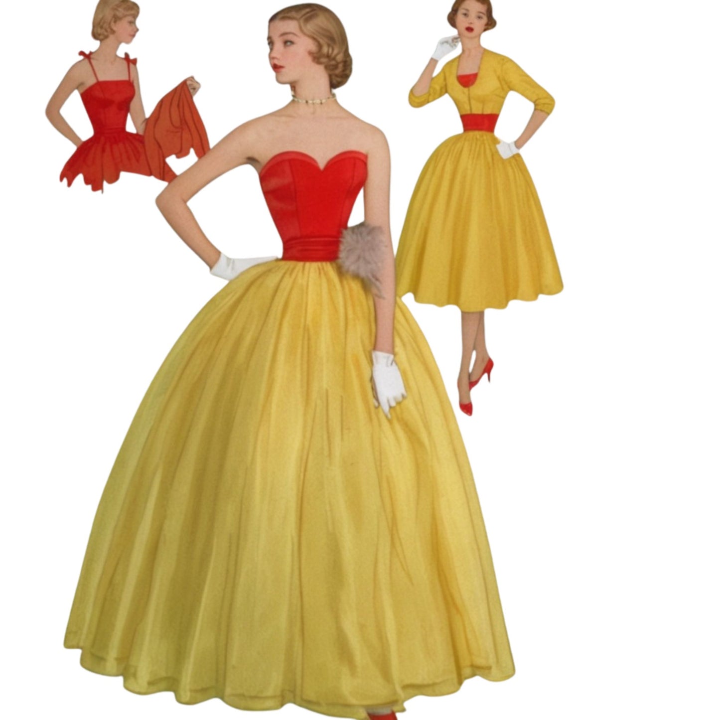 Vintage-style dress with red bodice and yellow skirt, surrounded by smaller images of similar dresses.