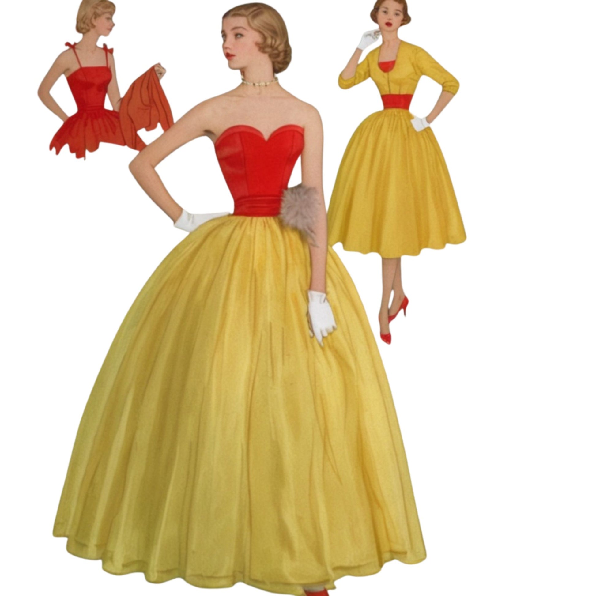 Vintage-style dress with red bodice and yellow skirt, surrounded by smaller images of similar dresses.