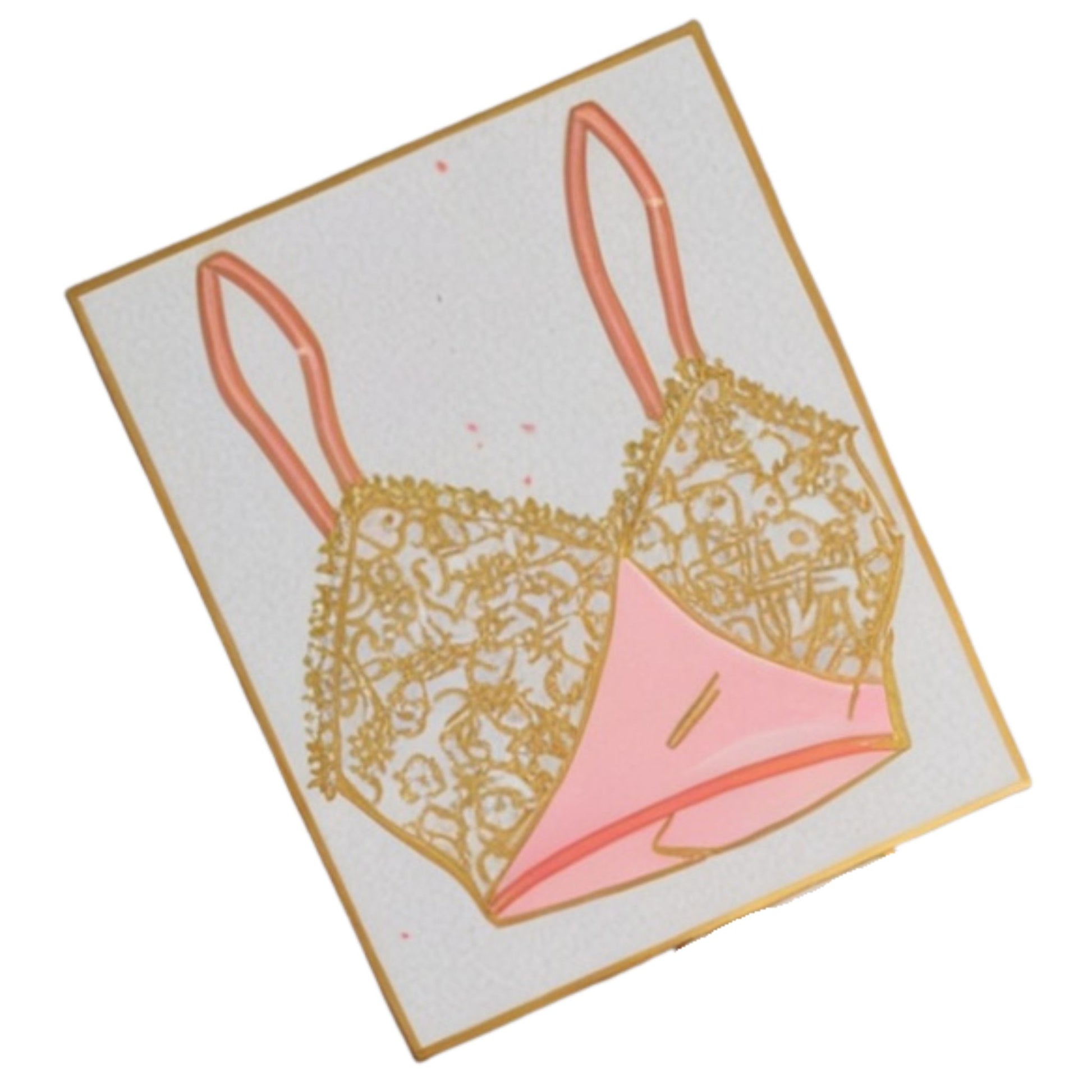 Lace bra with pink undergarment on a white background