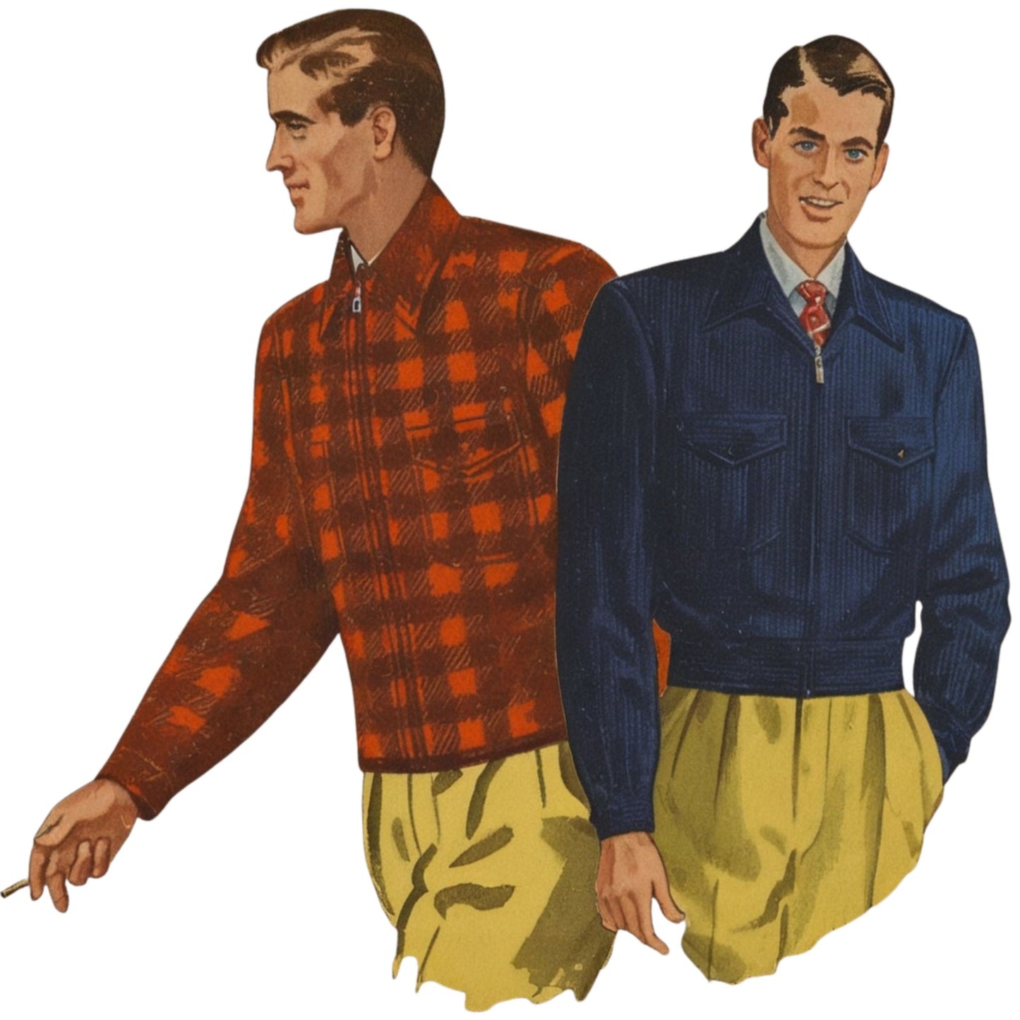 Two men wearing jackets and shirts with plaid patterns on a white background
