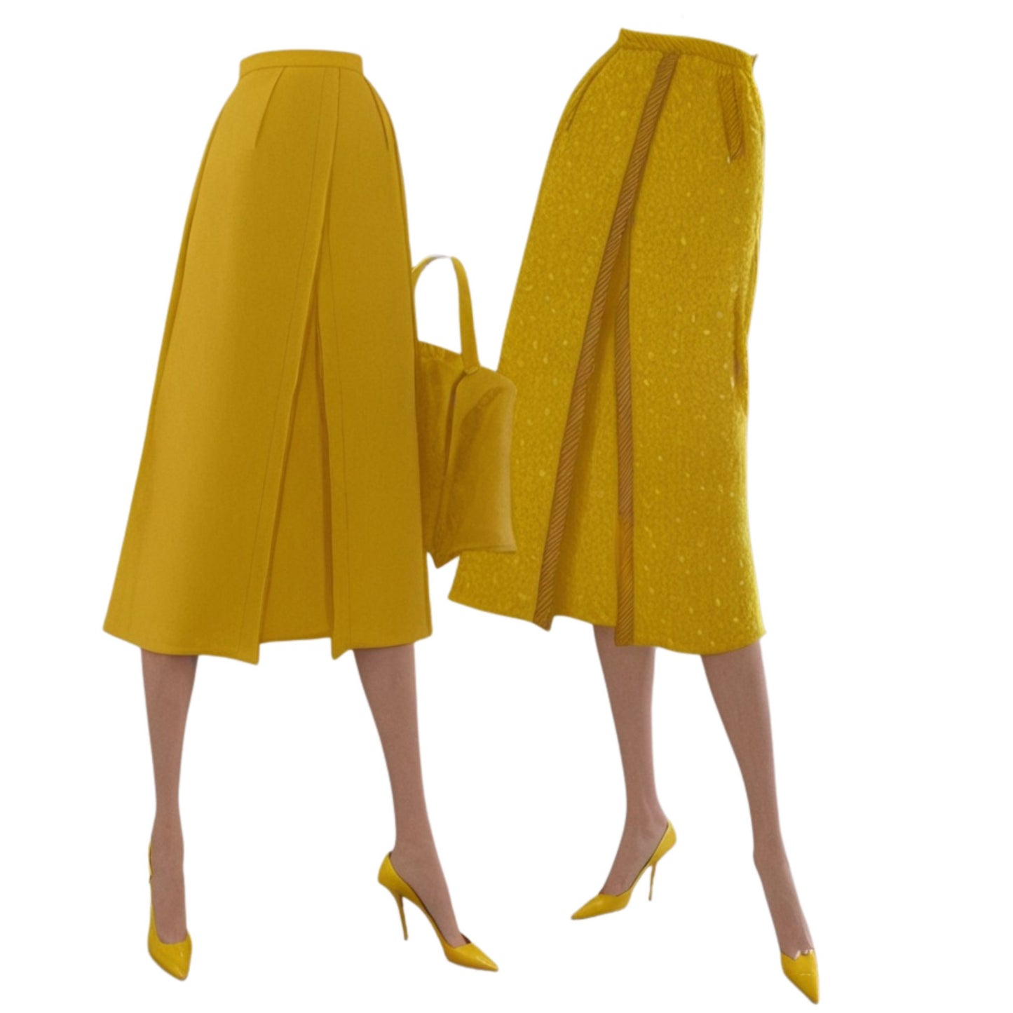 Two women wearing skirts with a white background