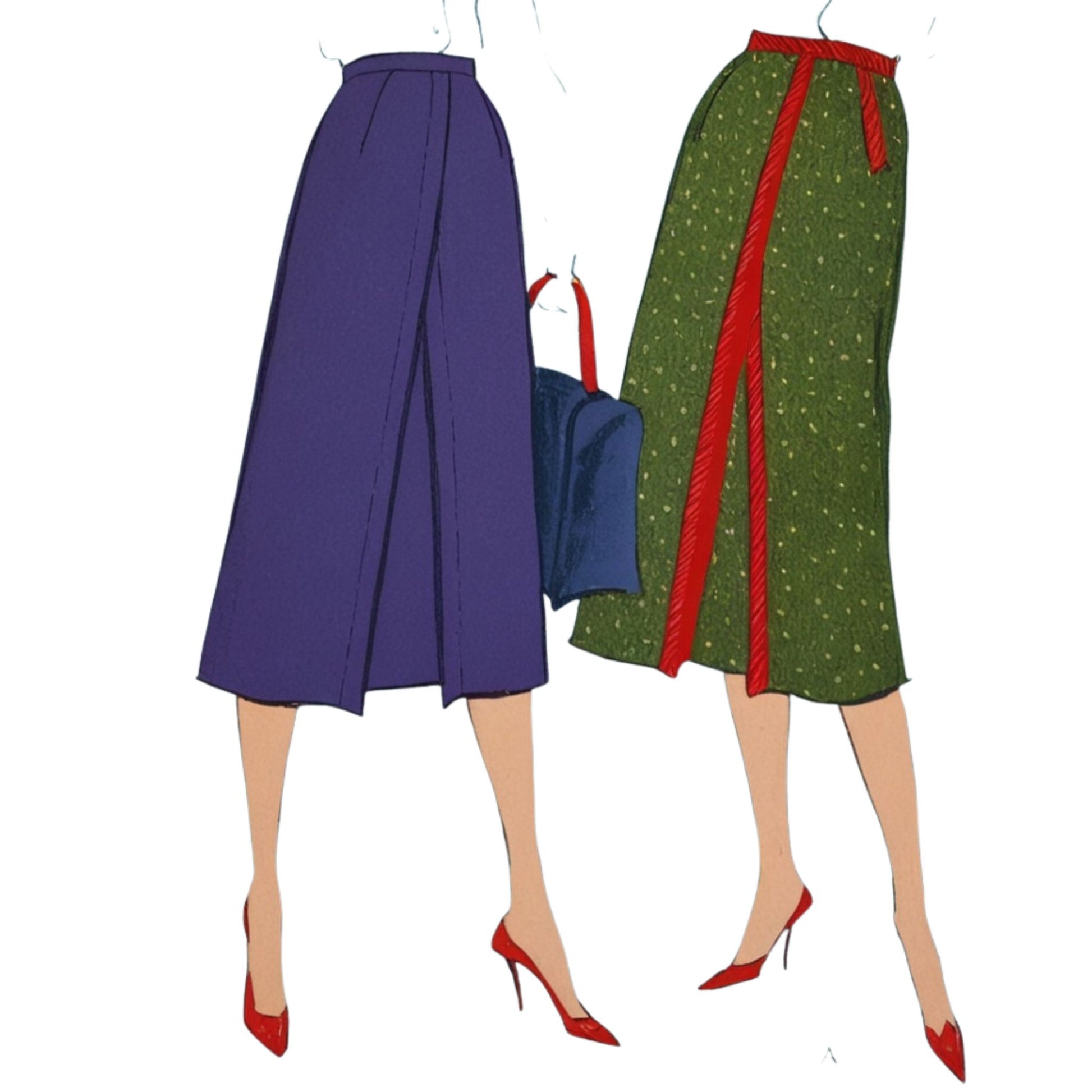 Two women wearing skirts with a white background
