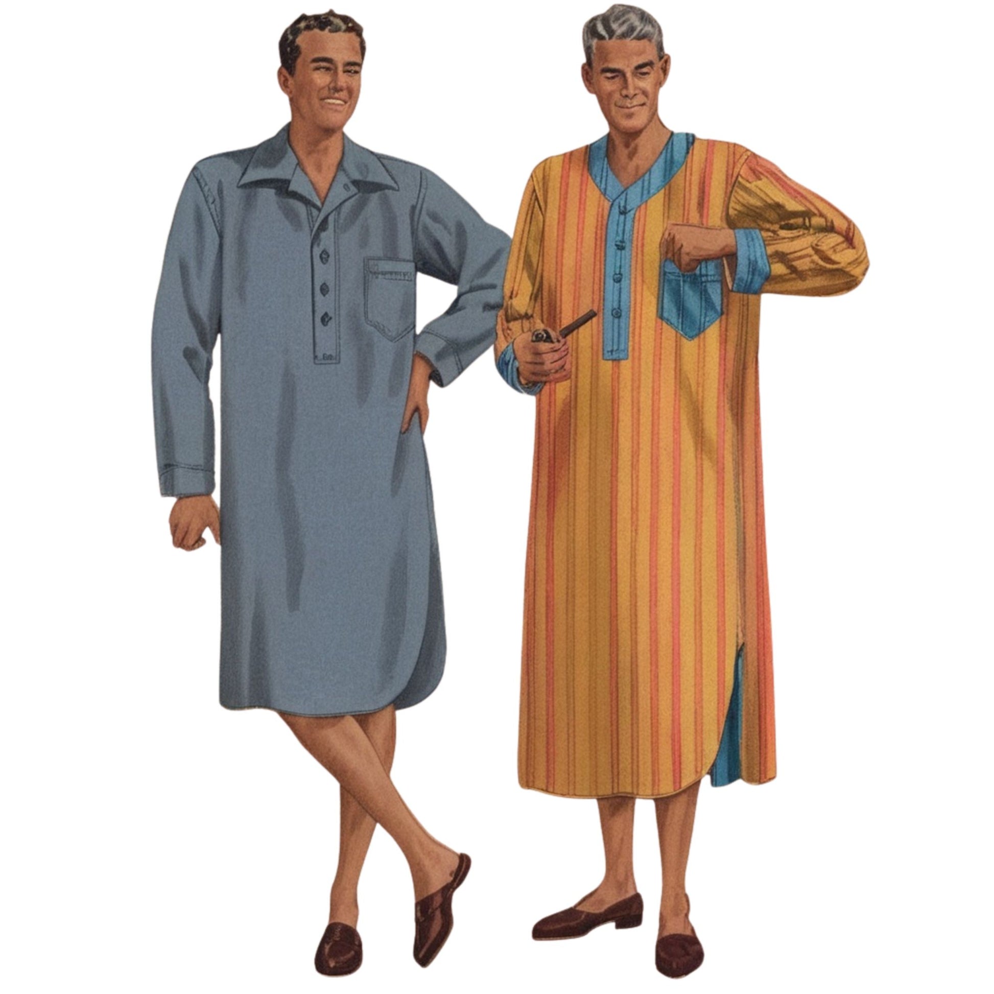 Two men wearing nightshirts on a white background