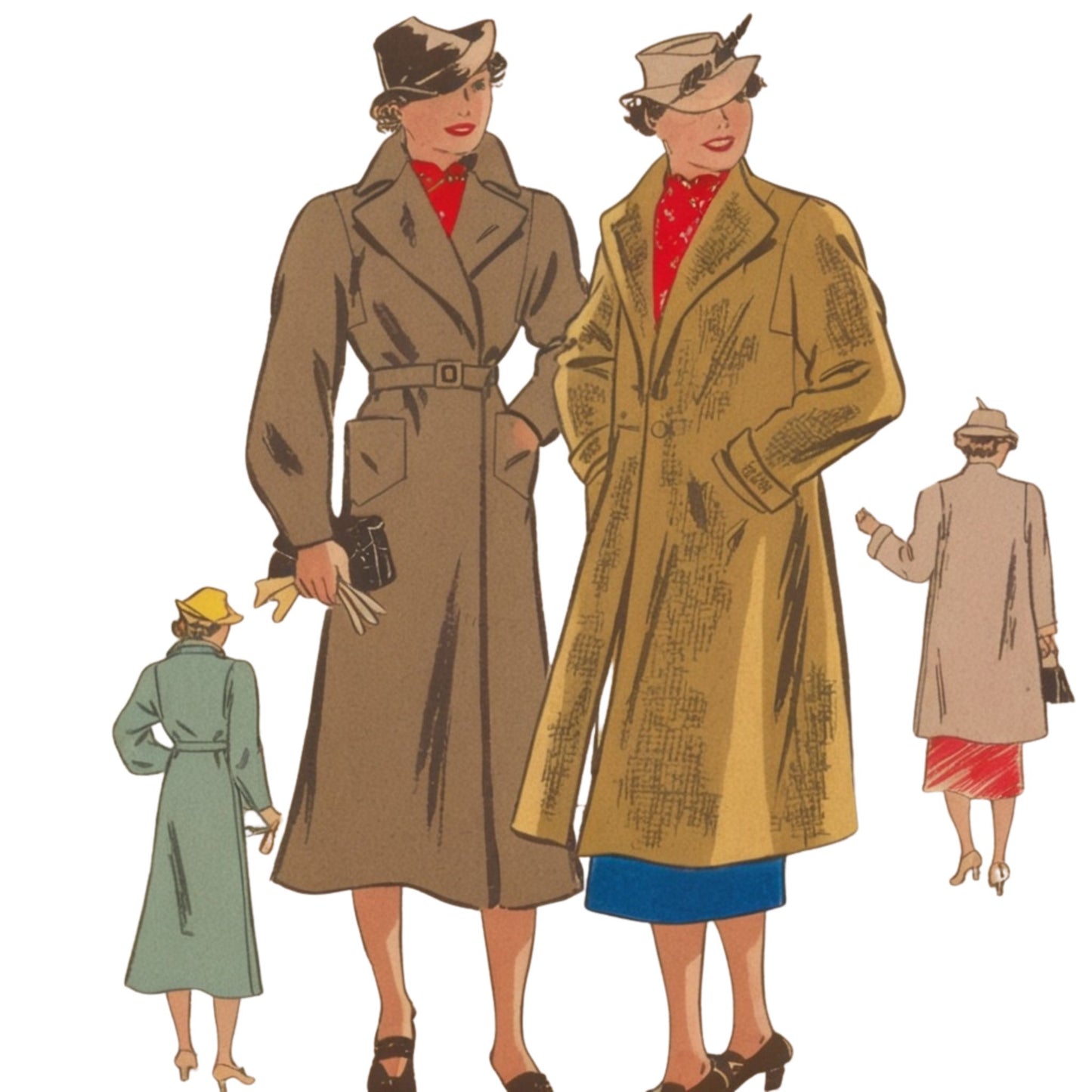 Illustration of women wearing long coats with a white background