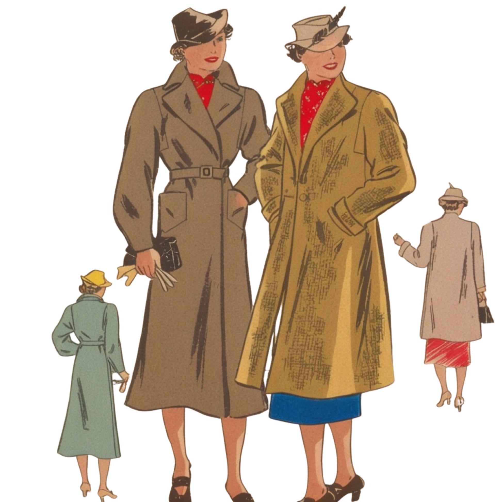 Illustration of women wearing long coats with a white background