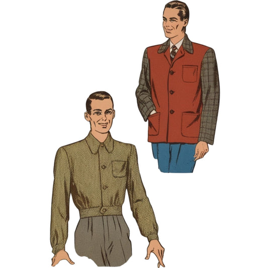 Two men wearing vintage-style clothing on a white background