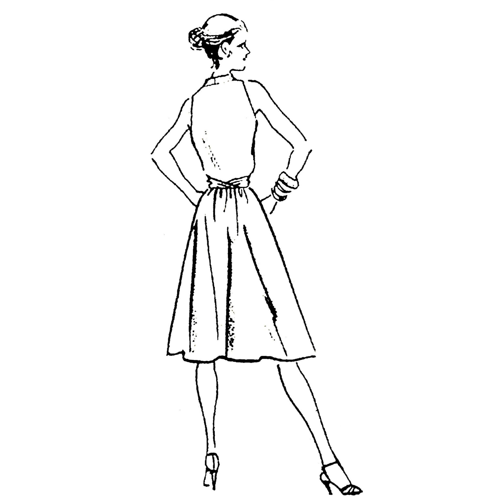 Line drawing of a woman wearing a dress on a white background