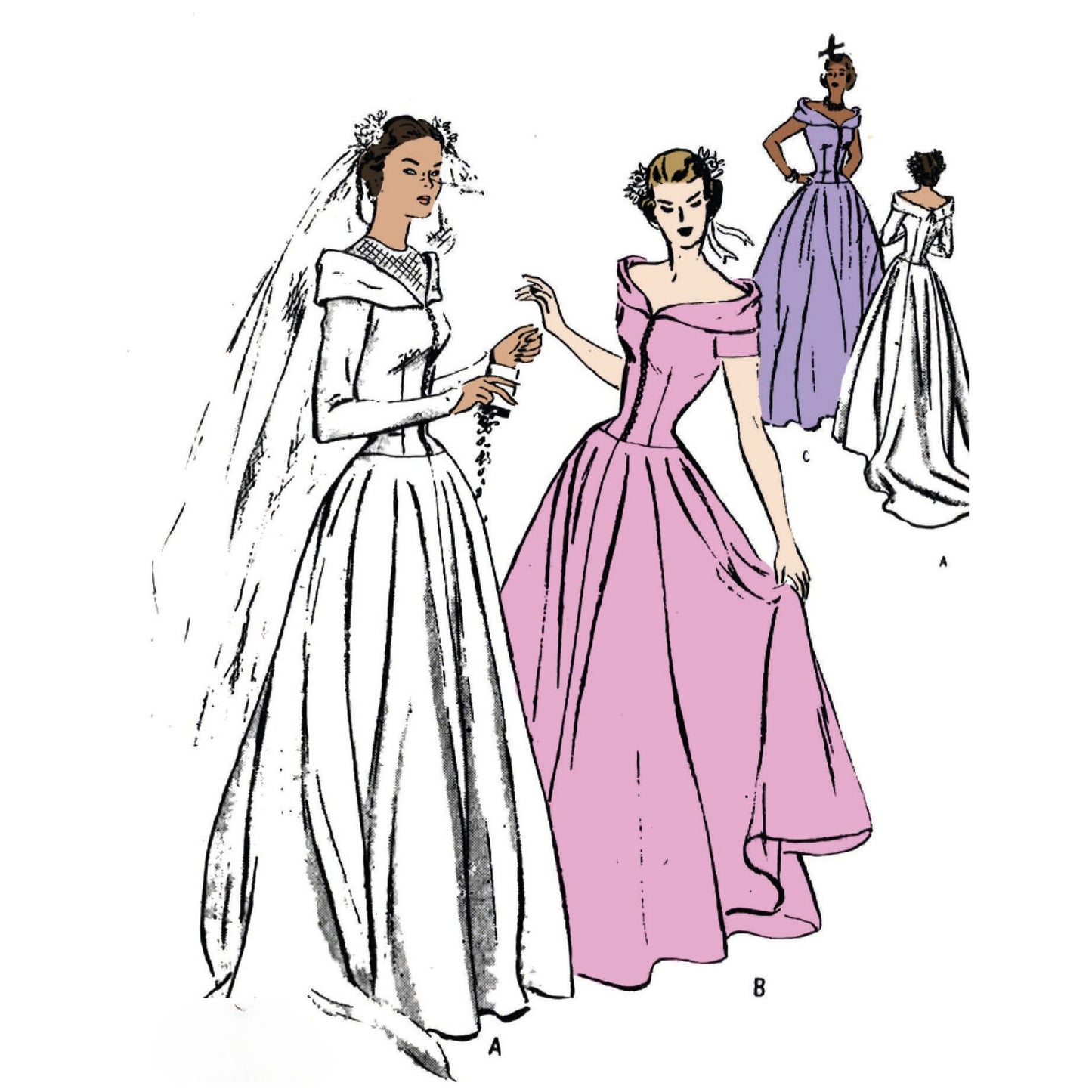 Mönster från 1940-talet, Regal brudklänning utan axel, tåg - byst 86 cm