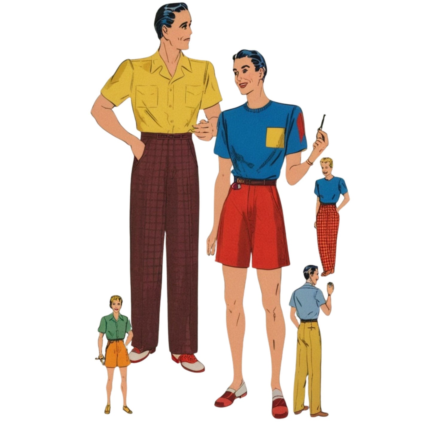 Illustration of two men in vintage clothing with smaller figures in the background.