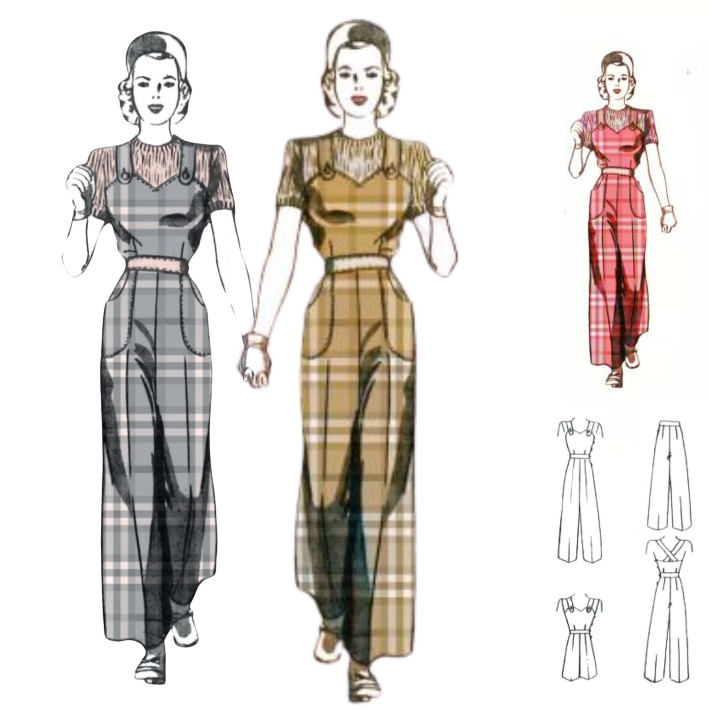 Sewing pattern illustration of landgirls in Rosie the riveter dungarees