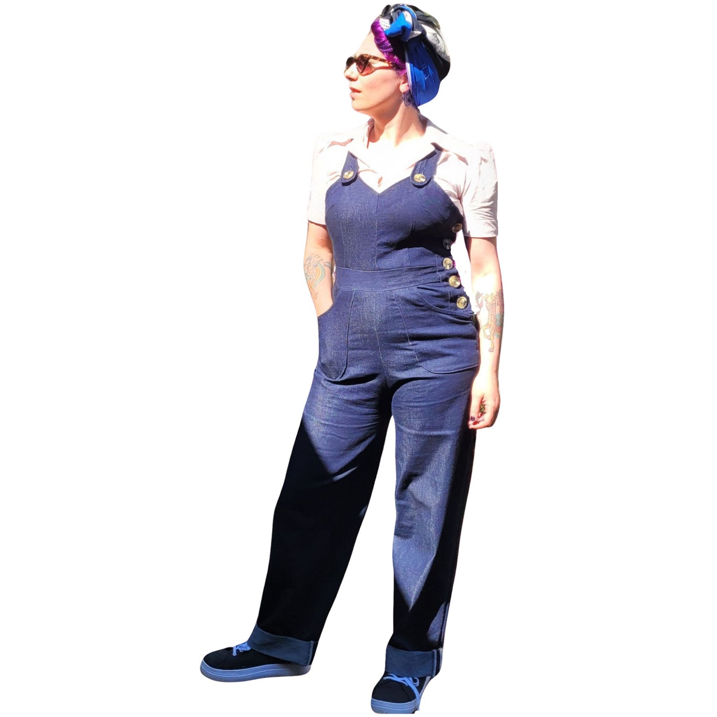 Woman wearing landgirl dungarees made up from a vintage sewing pattern