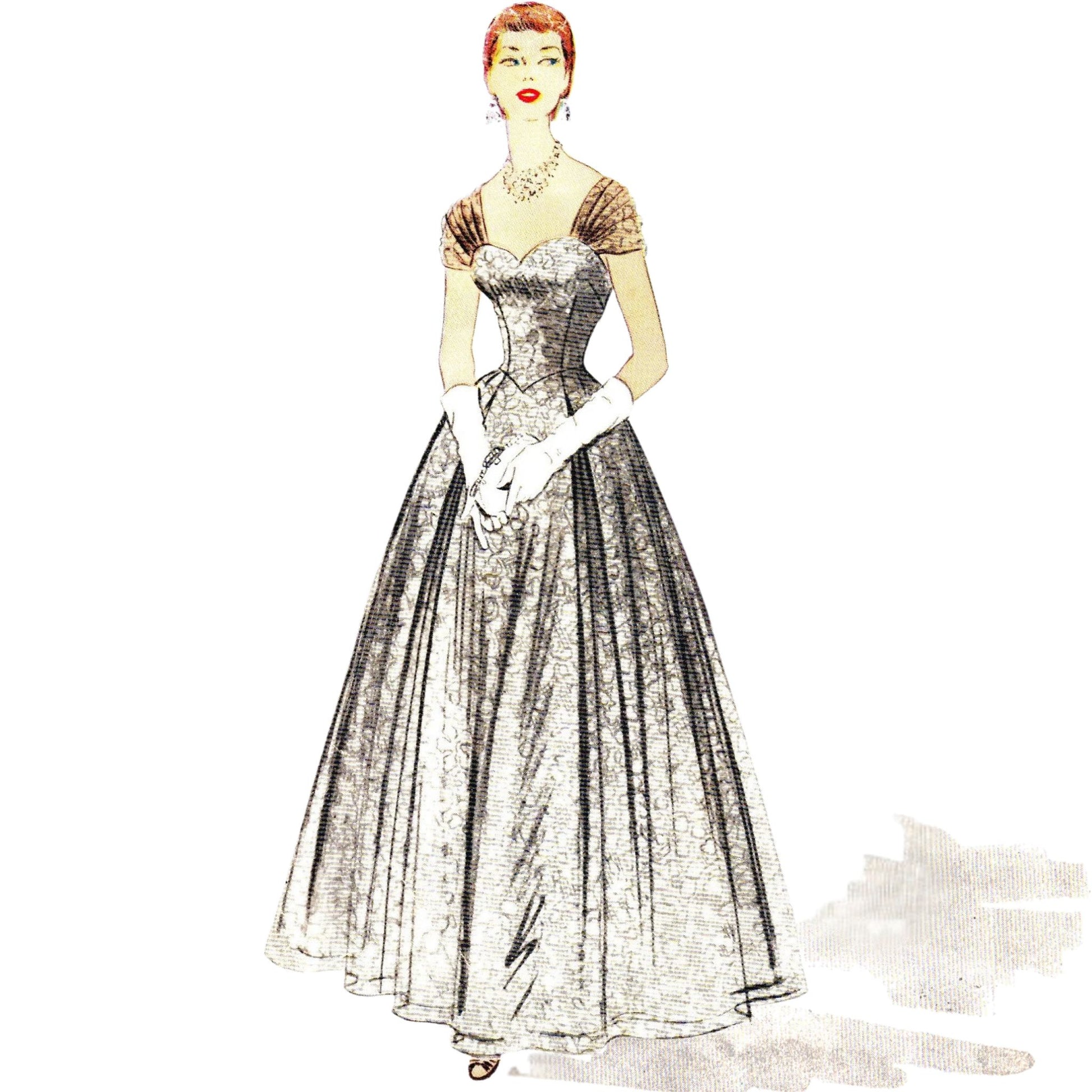 Model wearing evening dress in two lengths made from McCall’s 3028 pattern