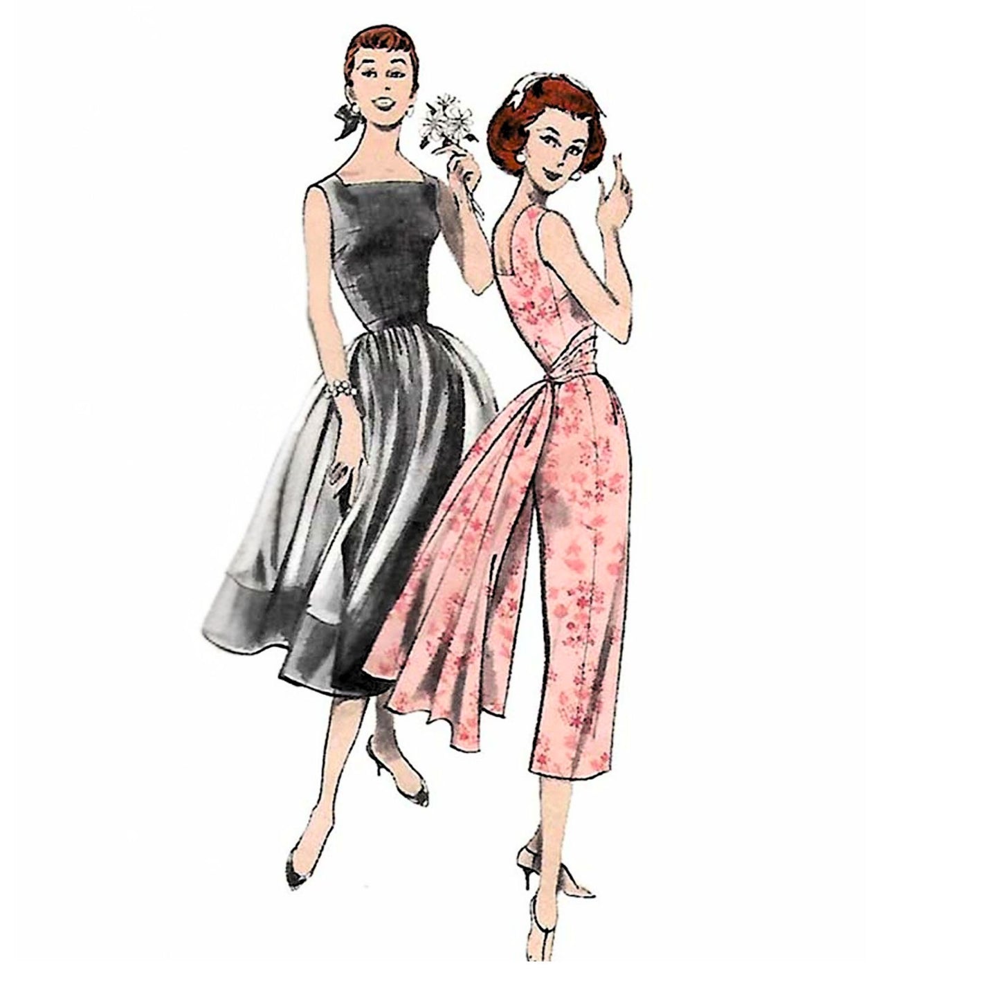 Butterick B8223 sewing pattern illustration of women wearing dresses and a short cape