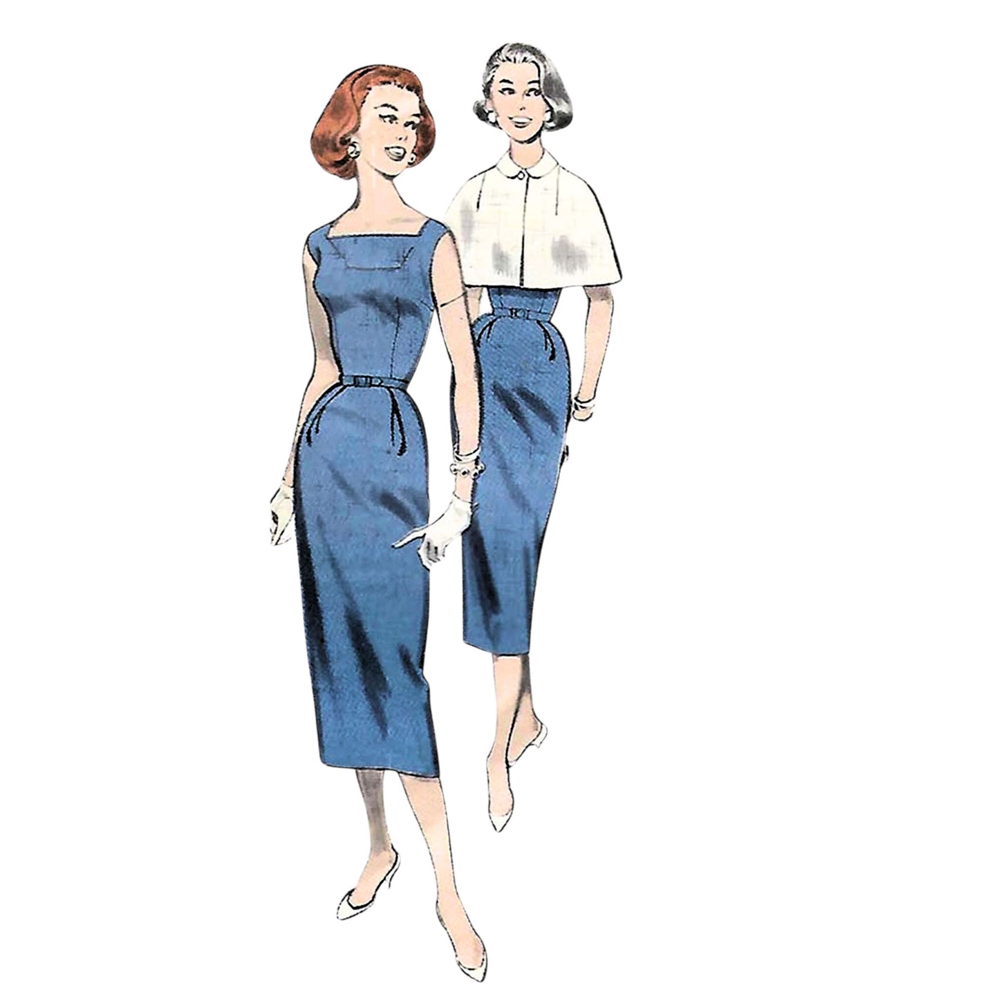 Butterick B8223 sewing pattern illustration of women wearing dresses and a short cape